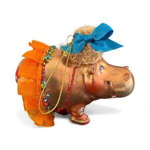 Christmas Ornament Hippopotamus Blown Glass Ballerina 3.5"